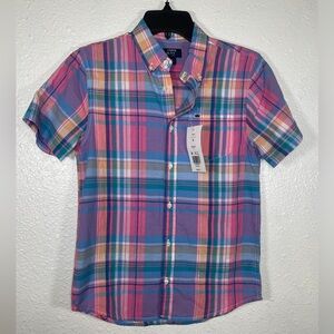 Crown & ivy kids boys short sleeve button up blue and pink size medium